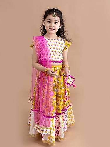 Pspeaches Girls Cotton Yellow White Printed Ready To Wear Readymade Lehenga Set Blouse With Dupatta (Yellow-7-8Y), 7-8 Years