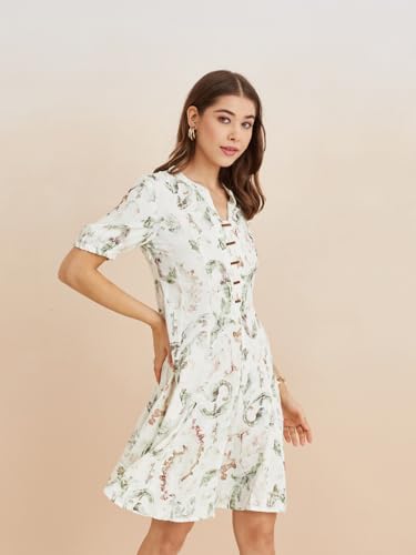 Latin Quarters Women's White Mandarin Neck Half Sleeves Printed Casual A-Line Dress_L