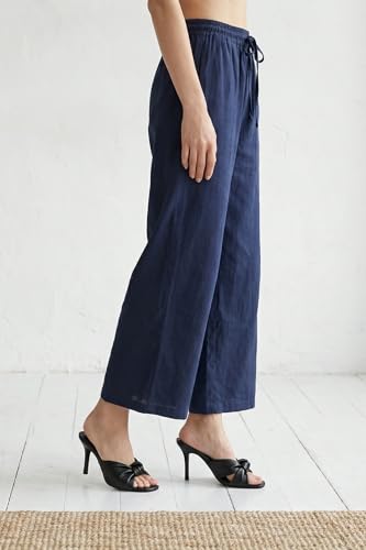 W for Woman Navy Blue Cotton Flax Ankle Length Relaxed Pants - (W63420-224745-S)