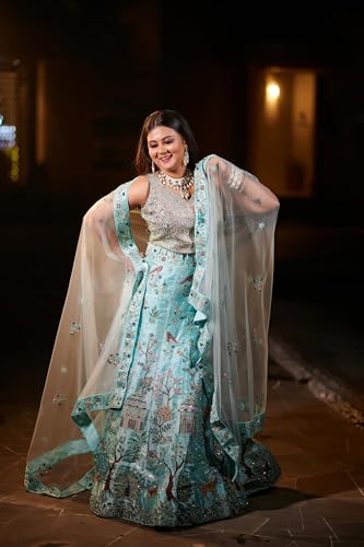 House of Bansal Land of Dreams Lehenga, Mint Blue Embroidered, Handcrafted Storytelling Design with Sheer Dupatta