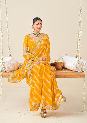 Laxmipati Nazakat Floral Embroidered Chiffon Saree in Yellow Color with Unstitched Blouse
