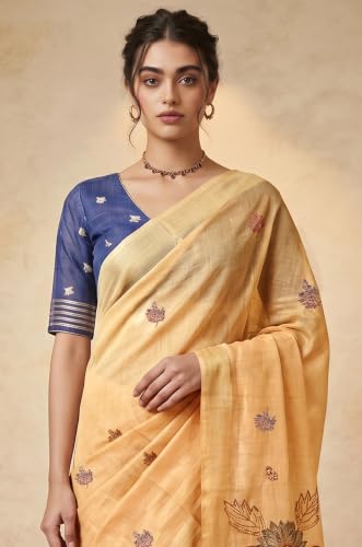 Label Aarna Women's Light Peach Cotton Saree with Unstitched Blouse Piece