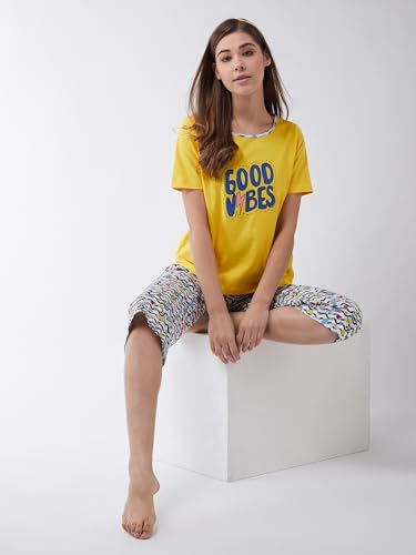 Miss Chase Women's Round Neck Short Sleeves Printed Regular Length T-Shirt (MCSS25TS99-03-29-04, Yellow, M)