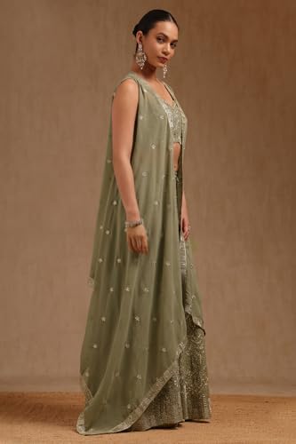 Soch Womens Sap Green Georgette Embroidered Co-Ord Set With Mirror Work