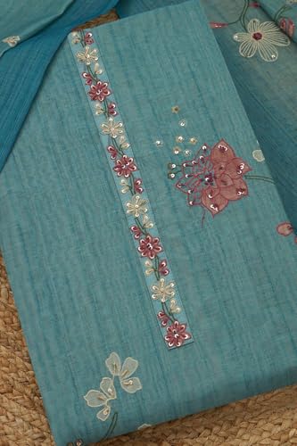 Soch Womens Blue Linen Shimmer Floral Print Unstitch Dress Material With Thread Work