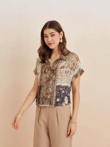 Latin Quarters Women's Beige Collar Neck Short Sleeves Printed Casual Shirt_L