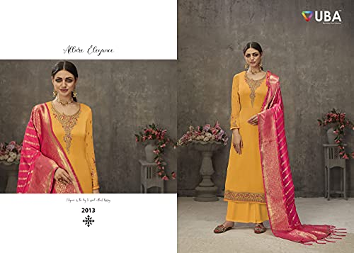 VUBA Women's Satin Embroidered Suit Semi Stitched Top with Unstitched Bottom and Pure Banarasi Dupatta Dress Material(Pakistani Salwar Suit),Yellow, Knee-Length, Casual Dress