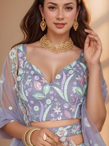 Zeel Clothing Women's Sequins Embroidered Work Soft Net Lehenga Choli With Dupatta (6020-Women-Lehenga-Choli-Latest; Free size) (White) (Purple)