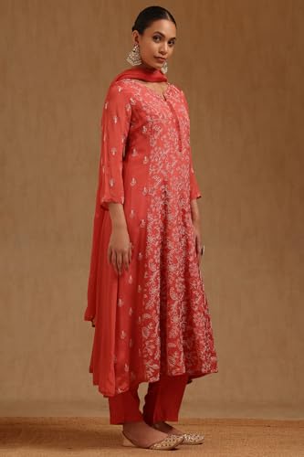 Soch Womens Peach Chinon Embroidered Suit Set With Sequins