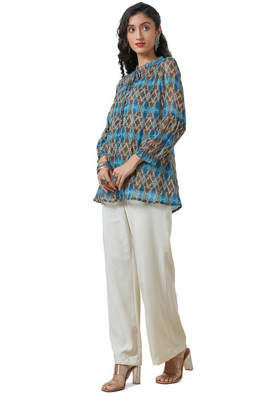 Soch Womens Olive Tie-Up Neck Printed A Line Chiffon Tunic