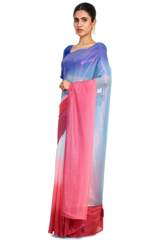Soch Womens Blue Chiffon Ombre Print Saree With Tassels