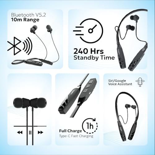 TEMPT Groove Pro Wireless Bluetooth Neckband Earphone, Bluetooth v5.2 with up to 45Hr Playtime, Type-C Fast Charging, ENC, IPX5 Water & Sweat Resistant, IPX5 Water & Sweat Resistance (Black)