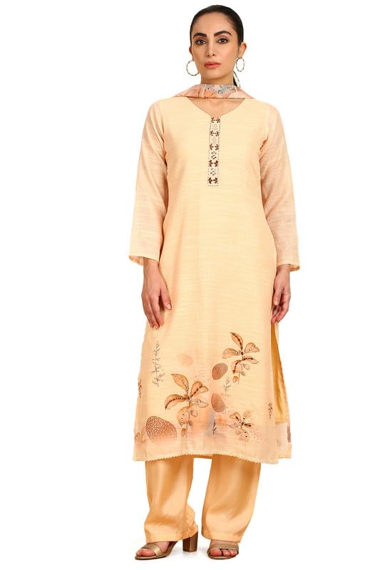 Soch Womens Light Yellow Abstract Print Linen Unstitched Dress Material With Mirrors