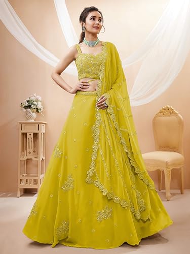 Zeel Clothing Women's Georgette Semi Stitched Lehenga Choli With Dupatta (7060-Yellow-Wedding-Lehenga-Choli; Free Size)