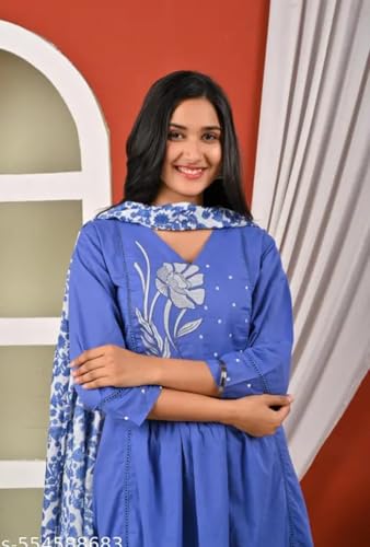 Women's Blue Anarkali Kurta with Floral Printed Dupatta and Trouser Set, 3-Piece Ethnic Wear (IN, Alpha, L)