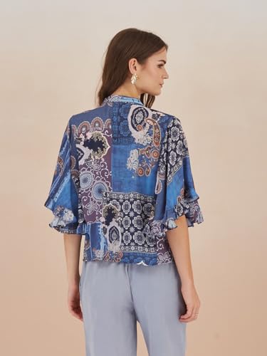 Latin Quarters Women Blue Cape Sleeves Tie Neck Printed Top for Casual_XXL