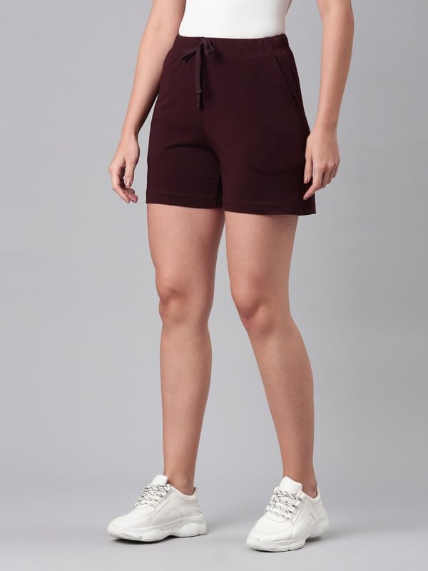GO COLORS Women Solid Dark Wine Mid Rise Casual Shorts