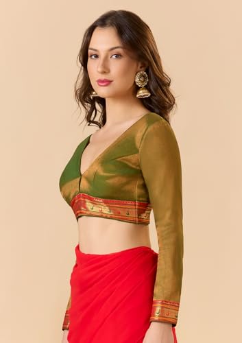 S SALWAR STUDIO Green Cotton Tissue V Neck Full Sleeves Readymade Blouse with Paithani Lace Border