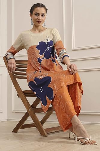 Biba Women Orange Viscose Rayon Straight Printed Fusion Set_38