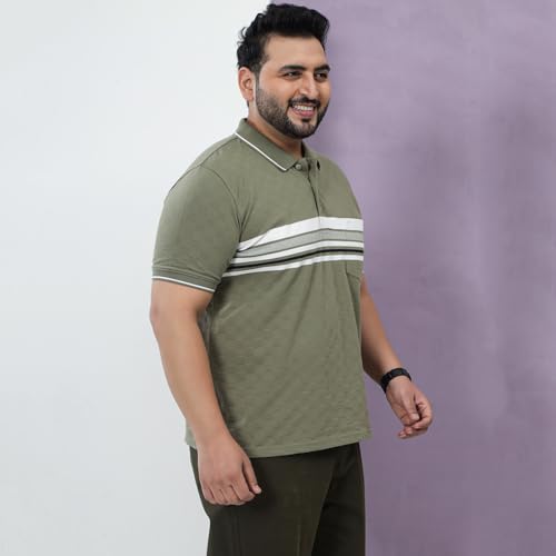 JOHN PRIDE Plus Size Men Regular Fit Striped Green Stretchable Polo Collar T-Shirt (JPTSC32430_10XL_Green)