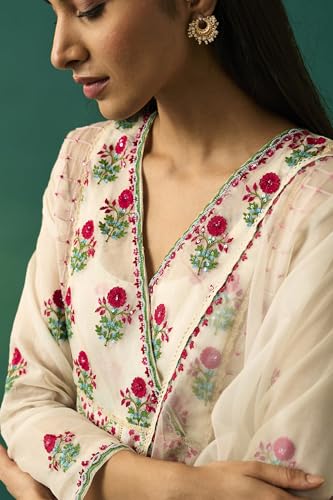 Wishful Women's Off-White Floral Embroidered Nylon Anarkali Kurta with Straight Pant and Dupatta Set - (SP12537-400316-XS)