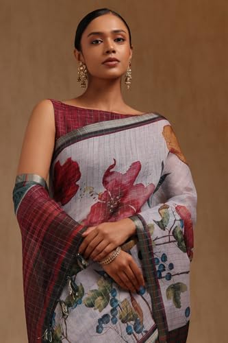 Soch Womens Powder Blue Linen Botanical Print Saree