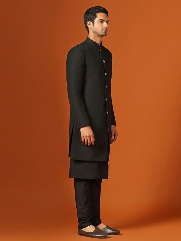 KISAH Men's Kurta Indo-Western Sherwani Trouser Set, Black Jacquard, Woven Design Regular Fit Mandarin Collar Long Sleeves (44)