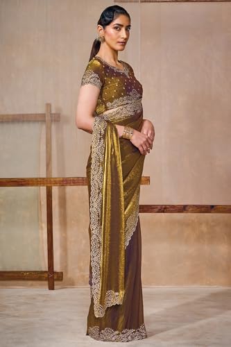 Soch Womens Olive Fendy Satin Embellished Saree With Stone Work