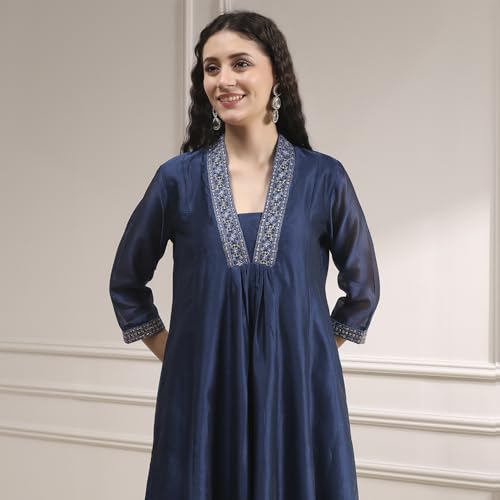 Biba Women Blue Chanderi Gathered Dyed Kurta Set_42