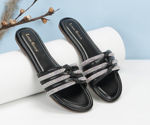 LOUIS STITCH Women's Fashion Flat Slip On Sandals | Open Toe Black Stylish Flat Sandal for Ladies, Comfortable All day Wear Slipper | LSOF-LDSL-GLTSJB | (UK-3)