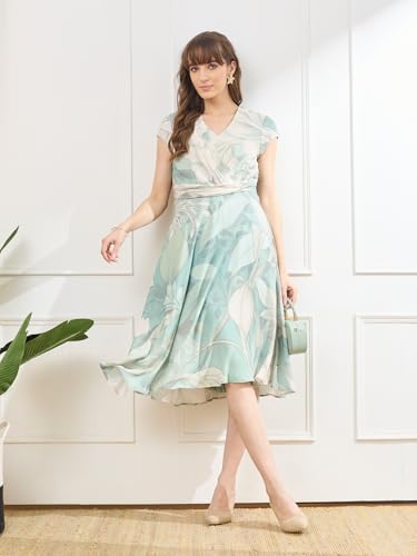 Latin Quarters Women's Green Cap Sleeves V-Neck Casual Printed Dress_XL