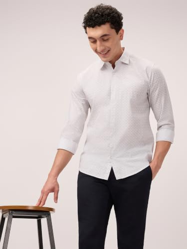 Park Avenue Men Slim Fit Print Pattern Pure Cotton Semi Cut Away Collar Full Sleeve Casual Shirt White