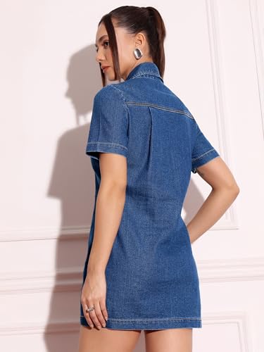 Miss Chase Women's Collared Half Sleeve Princess Seam Sheath Mini Dress (MCSS25DEN68-59-354-02, Prussian Blue, XS)