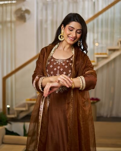 VARNI FABRICS: A lady's First Love Women's Brown Vichitra Silk Embroidered Kurta With Straight Pant And Dupatta, Ethnic Festive Set (IN, Alpha, M, Regular)