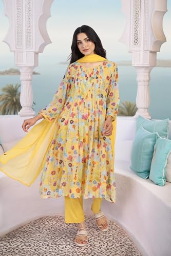 W for Woman Floral Printed Lace Trim Flared Chiffon Kurta with Pant and Dupatta Set - Yellow (WS12923-125894-XXL)
