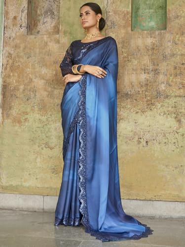 Zeel Clothing Women's Navy Blue Embellished Embroidered Satin Saree with Blouse (ZURI-1102-Navy-Blue-Sarees-For-Womens, Navy Blue)