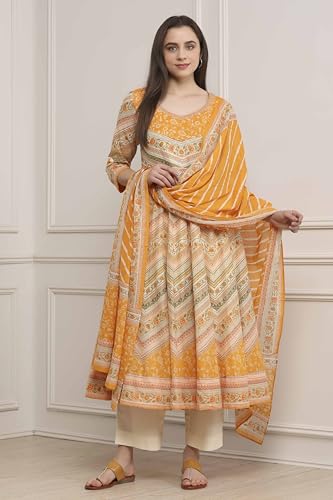 Biba Women Mango Yellow Cotton Printed Anarkali Suit Set_38