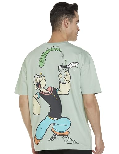 The Souled Store| Official Popeye: Spinach Power Mens and Boys T-Shirts|Half Sleeve|Loose fit Graphic Printed|80% Cotton 20% Polyester Green Color Oversized T-Shirts