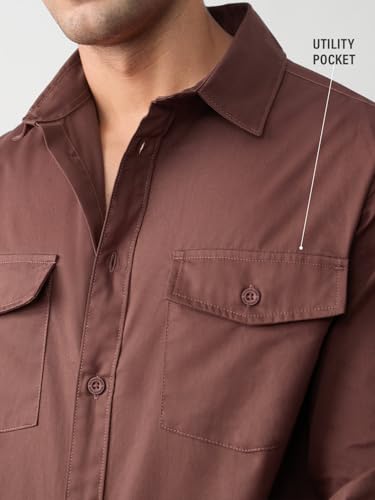 The Souled Store Utility Shirt: Merlot Men and Boys Long Sleeve Spread Collar Button Front Brown Solid Cotton Regular Utility Shirt