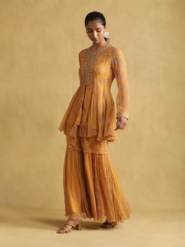 Ritu Kumar Yellow Embroidered Ensemble Kurta with Sharara