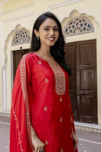 Leeli Peeri Designer Women's Chinon Silk Embroidery Kurta Sharara Set With Dupatta