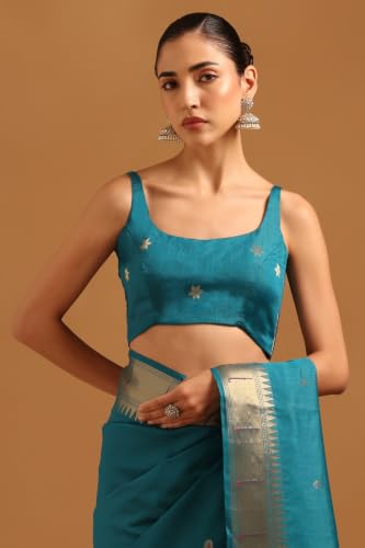 Soch Womens Teal Tussar Botanical Zari Woven Zari Border Saree