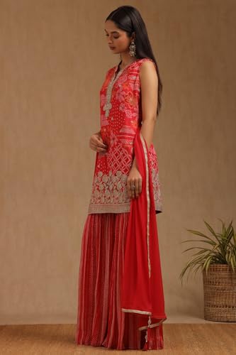 Soch Womens Red Chinon Bandhani Print Suit Set With Zardosi