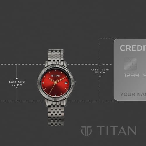 Titan Plain 3 Hands Karishma Red Round Dial Gun Plating Stainless Steel Strap Womens Watch - NU2968QM01