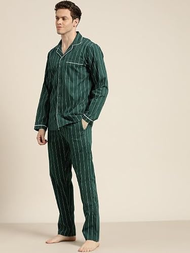 Hancock Men Cotton Striped Pyjama Set Bottle Green Size L