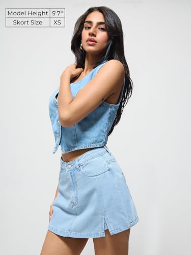 The Souled Store Denim Skorts: Cloud Blue Women Buttoned Waistband Ash Grey Solid Cotton Denim Regular Fit Side Slit Raw Hem Comfortable Lightweight Everyday All-Season Skorts