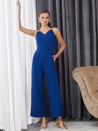 Miss Chase Womens V-Neck Sleeveless Solid Wrap/Straight Leg Regular Jumpsuit (MCAW19D08-48-229-03, Royal Blue, S)
