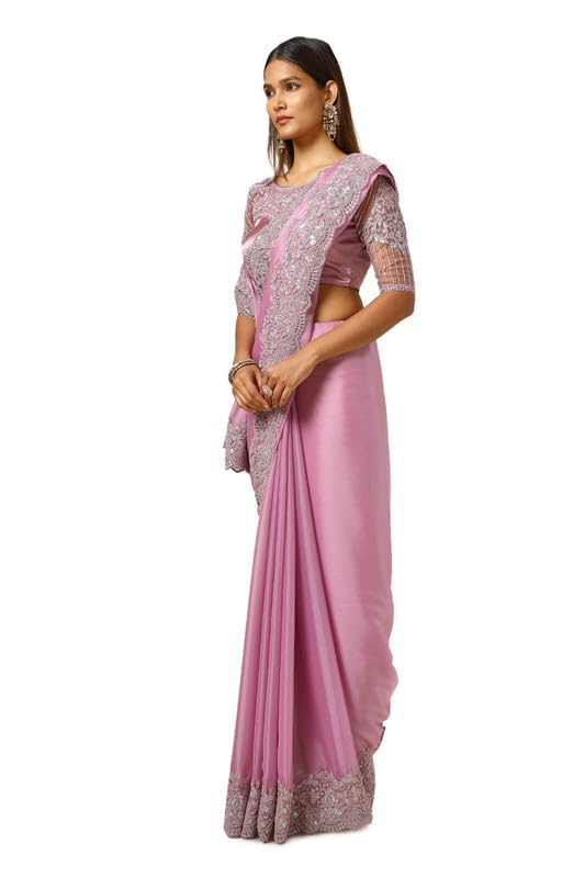 Soch Womens Onion Pink Chiffon Embroidered Saree With Sequins