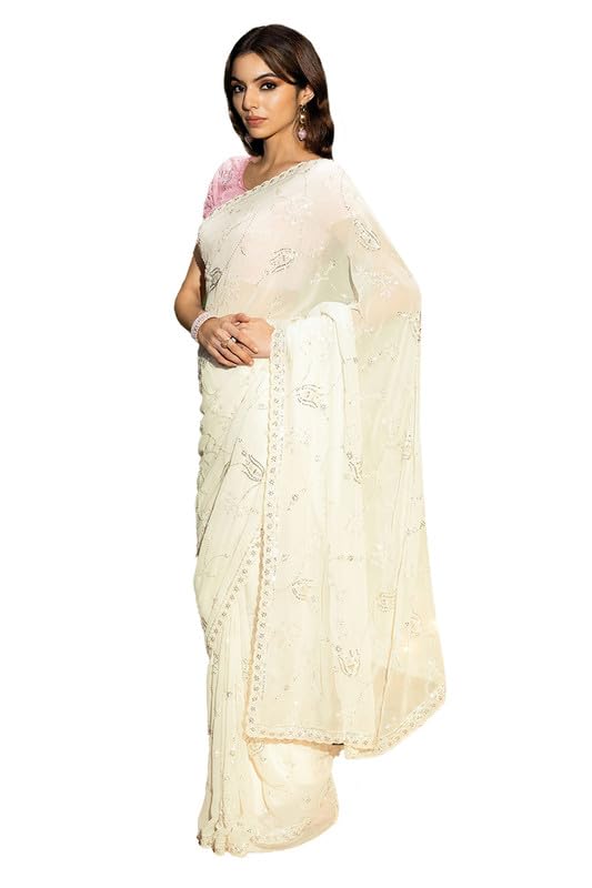 Soch Womens Cream Georgette Saree With Cutdana