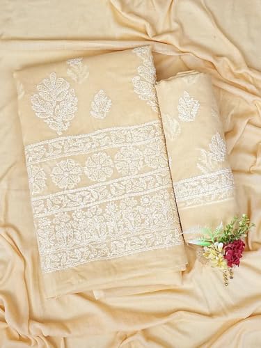 Ada Hand Embroidered Lucknowi Chikankari Unstitched Cotton Dress Material Suit Piece with Dupatta for Women 01A853618 Fawn